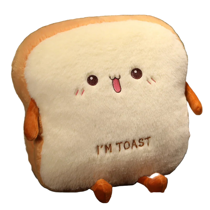 Plush toy shaped like a piece of toast with a face and 'I'm Toast' text on a wooden surface.