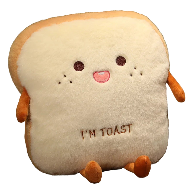 Plush toy shaped like a slice of bread with 'I'm Toast' text on a wooden surface.