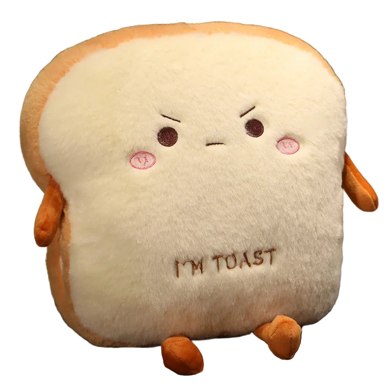 Plush toy shaped like a piece of bread with a face and 'I'm Toast' text on a wooden surface.