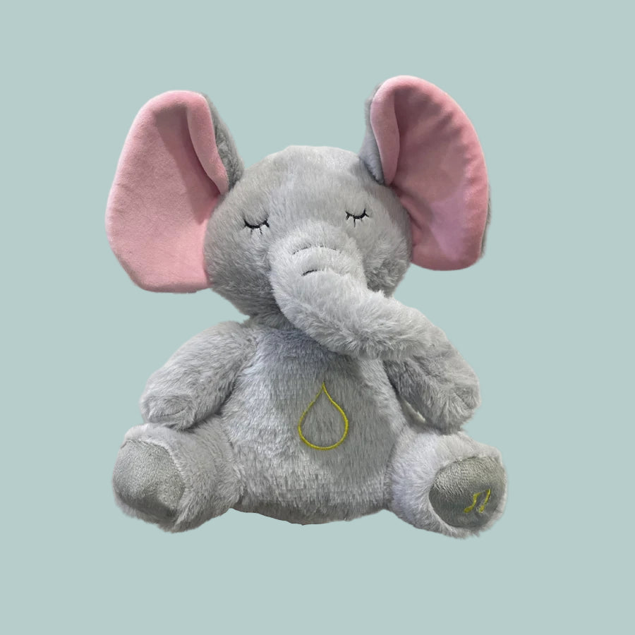 Plush elephant toy with pink ears on a white background